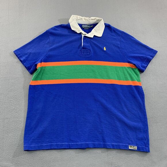 Polo Ralph Lauren Rugby Shirt Mens 2XL Blue Green Orange Stripe Custom Fit XXL - Picture 1 of 11